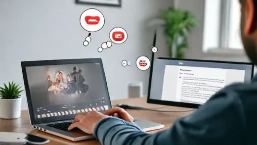 A person watching a YouTube video on a laptop, with thought bubbles leading to a blog post draft on another screen. Digital transformation of video to text, creative content generation, modern workspace.