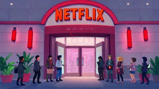 A vibrant illustration of the entrance to Netflix House, with recognizable Netflix characters (e.g., Squid Game guard, K-Pop Demon Hunters character) welcoming visitors, emphasizing an immersive, interactive experience.