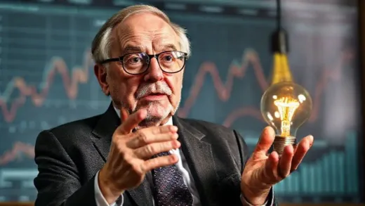 Charlie Munger giving advice, with a background of financial charts and a lightbulb symbolizing an idea. The image should convey wisdom and financial insight.