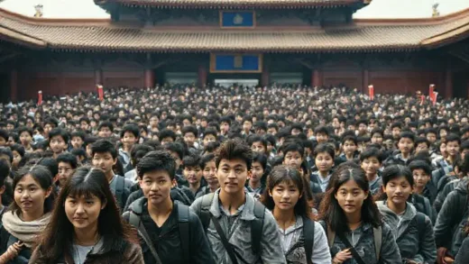 A massive crowd of young people, diverse in appearance, are seen entering a grand, traditional Chinese examination hall. The atmosphere is tense but determined, with subtle Chinese architectural elements like curved roofs and intricate carvings in the background, suggesting the scale and importance of the event. They are carrying bags and looking focused, some with a hint of anxiety on their faces.