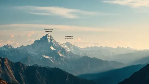 A visually striking image depicting a majestic mountain range representing the stock market's long-term growth, with smaller peaks labeled 'historical high points' being overcome by larger future peaks. The overall mood is hopeful and expansive, with a subtle hint of fear being conquered.