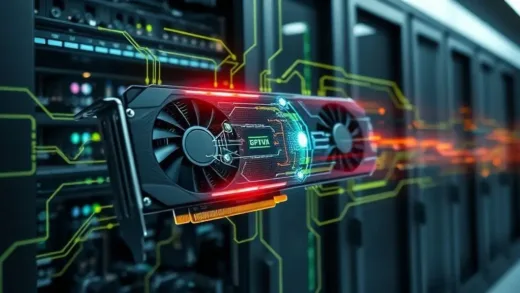 A dynamic image showing an NVIDIA GPU card with interconnected memory chips, illustrating data flow and energy, set within a futuristic data center server rack. Focus on the synergy between GPU and memory, with a subtle glow around the memory components. The overall mood should be high-tech and essential.