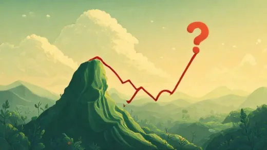 A dramatic illustration of a soaring stock market chart for a plant-based meat company, then a sharp, sudden decline, with a subtle background representing environmental concerns and a question mark over the future of food innovation.