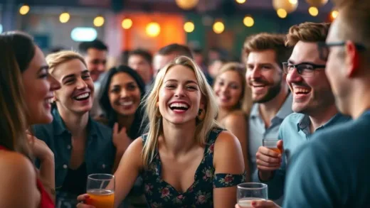 A vibrant, slightly blurred image of people laughing and interacting at a lively social gathering, focusing on diverse expressions and a sense of connection.