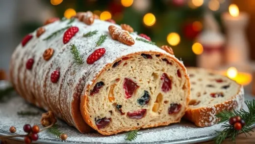 A beautifully decorated Stollen, dusted with white powdered sugar, with a slice cut to reveal dried fruits, nuts, and marzipan inside. The background is softly blurred with a warm, festive Christmas ambiance.