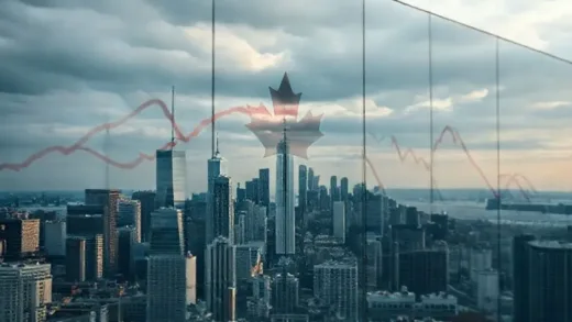 A reflective mirror showing a distorted image of a city skyline with graphs indicating economic decline, with Canada maple leaf subtly integrated, global economy, crisis warning, future prediction, realistic photo