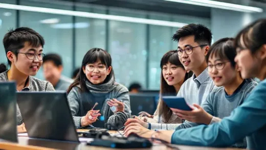 A vibrant image of several young, intelligent Chinese students in a modern, high-tech classroom setting, actively engaged in a discussion or coding session, with subtle AI-related graphics or holograms in the background, symbolizing innovation and future leadership.
