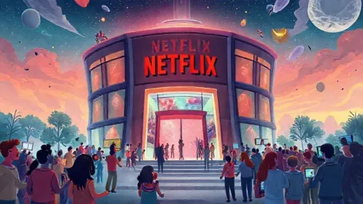 A vibrant illustration of a futuristic building with Netflix logo, surrounded by diverse people enjoying interactive experiences, like walking through a portal to a movie scene or playing a game from a series. The atmosphere is joyful and exciting, hinting at a blend of entertainment and technology. English style text "Netflix House" clearly visible.