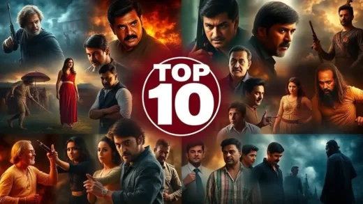A vibrant, dynamic collage of diverse drama scenes, hinting at action, historical settings, intense emotions, and mystery, with a spotlight effect on a 'TOP 10' logo.
