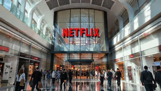 Netflix House, modern, sleek design, located within a bustling city shopping mall, with people casually walking in and out, vibrant and inviting atmosphere, day light.