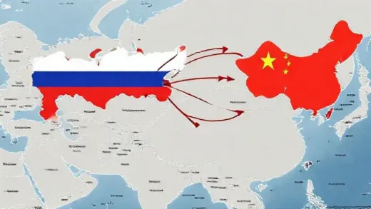 A geopolitical map showing Russia, North Korea, and China, with overlapping arrows indicating strategic interests and military cooperation, against a backdrop of war zones.