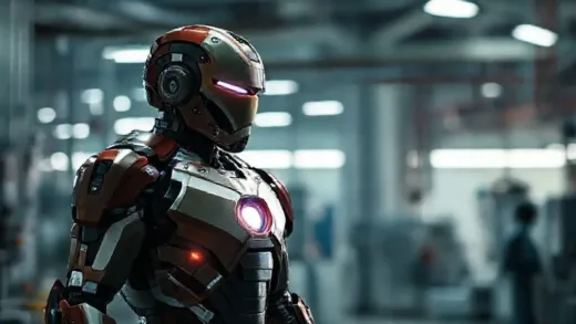 An image combining elements of a futuristic sci-fi robot suit (like Iron Man) with a silhouette of a real person wearing a more practical, assistive wearable robot in an industrial or medical setting, with a sense of innovation and progress. High-tech, futuristic, inspiring.