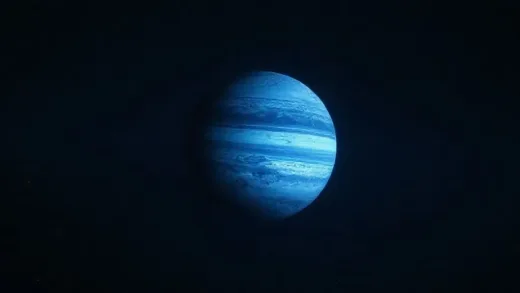 A majestic, deep blue Neptune, appearing as a distant, mysterious giant in the dark expanse of space, surrounded by faint stars. Emphasize its icy, enigmatic beauty.