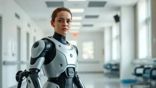 A person with a determined expression, wearing a sleek, futuristic wearable robot suit on their legs, taking a confident step forward in a bright, modern rehabilitation center. Soft, encouraging lighting.