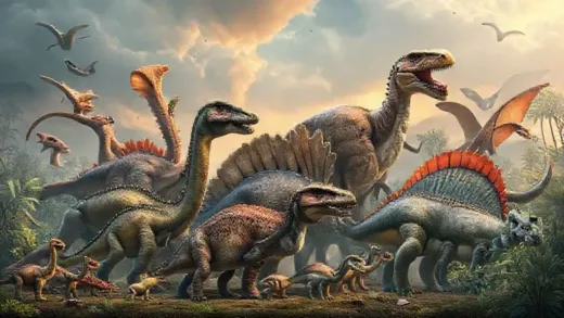 A visually appealing, diverse group of dinosaurs from different eras (e.g., small, large, bipedal, quadrupedal), with a subtle hint of wonder and ancient world mystery in the background.
