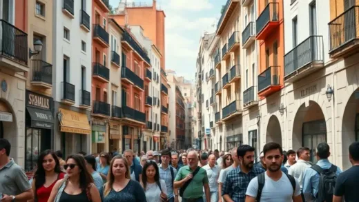A vibrant Spanish street scene with modern buildings and bustling people, but with a subtle undertone of financial strain or concern on people's faces, reflecting a paradox of economic success and personal hardship.