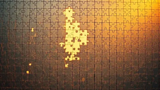 A complex jigsaw puzzle, with some pieces missing, bathed in warm, hopeful light, symbolizing the journey of life and self-discovery.