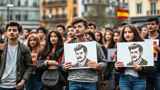 A diverse group of young Spanish people in a modern city square, some holding signs with a stylized, somewhat nostalgic image of Francisco Franco, looking contemplative or discontent. The background shows contemporary Spanish architecture.