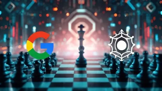 A visual representation of a chess board with Google and OpenAI logos on opposing sides, with futuristic AI elements in the background, symbolizing competition and the dawn of the AI era.