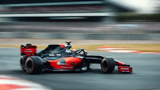 A dynamic, high-speed shot of an F1 race car on a track, blurred background suggesting motion, vibrant colors, emphasizing speed and excitement.