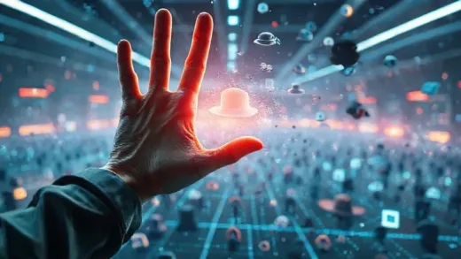 A magical scene where a hand is 'waving' over a photo, and elements like hats are disappearing, and multiple small items are merging into one seamless image, futuristic, high-tech, digital art.