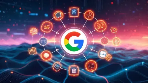 A vibrant, futuristic image of various Google AI tools, stylized as abstract glowing icons, orbiting a central Google logo. The background is a digital landscape with energetic lines and gradients, conveying innovation and accessibility.