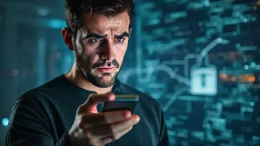 A worried person looking at a smartphone screen displaying a payment app, with abstract data flowing into a shadowy, foreign-looking server. Emphasize digital security and concern.