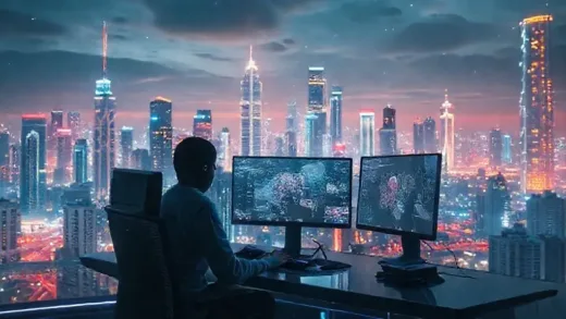 A futuristic cityscape with glowing digital interfaces, a creative person sitting in front of a powerful computer generating AI videos, representing the unlimited potential of Google Flow and Veo3.