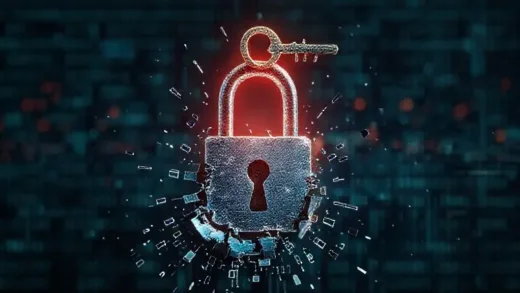 A shattered digital lock with personal data flowing out, a master key symbol hovering above, representing a major data breach.