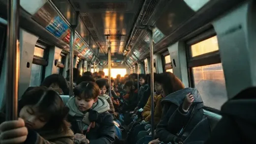 A crowded subway train in Seoul at dawn, showing tired young commuters, some sleeping, some looking out the window, with a sense of both hope and exhaustion.