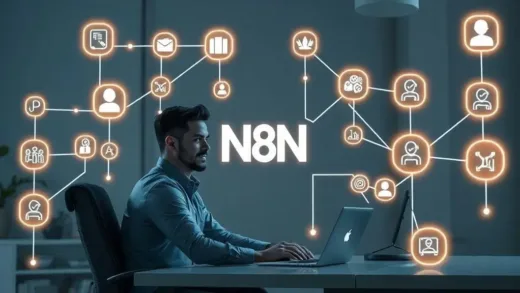 A person sitting at a desk, looking empowered and productive, surrounded by futuristic, glowing lines connecting various application icons, symbolizing automated workflows. The N8N logo is subtly integrated into the scene. The overall aesthetic is clean, modern, and inspiring, with a focus on efficiency and innovation.