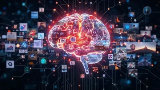 A futuristic digital art showing a glowing brain connected to a network of diverse images including infographics, logos, and realistic photos, symbolizing advanced AI image generation, vibrant colors, high detail, digital illustration.