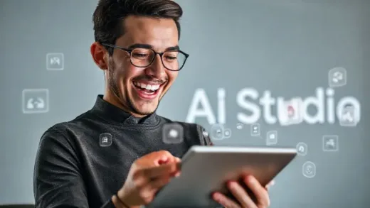 A person smiling excitedly while looking at a futuristic interface on a tablet, surrounded by floating AI app icons, with a subtle Google AI Studio logo in the background, conveying ease of use and innovation.