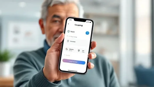 A person holding a smartphone, the Coupang app open, with a focus on the "Find ID" option. The background is a clean, modern digital interface. The user is a senior, showing ease of use. Digital art style.