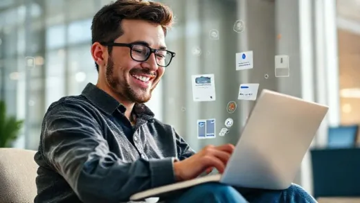 A person happily using a laptop with various Google AI interfaces displayed on the screen. The atmosphere is bright and innovative, showing the concept of free AI tools. Digital elements like floating data and connected apps are visible around the person.