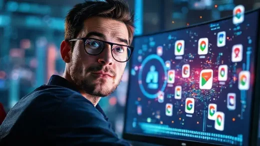 A curious person looking at a sparkling AI interface on a computer screen, with various Google app icons floating around, symbolizing free access to powerful AI tools, digital art, vibrant colors, futuristic style.