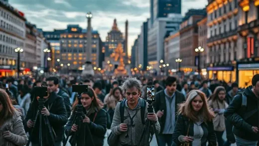 A bustling city square at dusk, with some people holding smartphones on tripods and others hurrying past, looking somewhat annoyed. The atmosphere is a mix of urban energy and subtle tension.