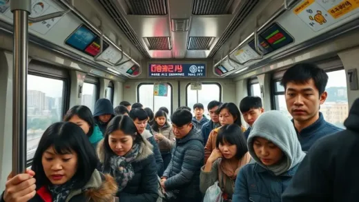 A crowded subway car during rush hour in Seoul, with diverse commuters looking tired but determined. The train's windows show a blend of city and suburban landscapes. Emphasize the feeling of a long, daily journey.