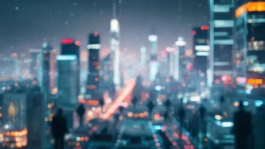 A futuristic cityscape with glowing digital lines representing AI, subtly showing blurred human figures in the background, symbolizing the rapid change in society and technology. Focus on the sense of transformation and the unknown future.