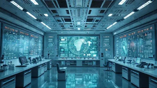 A futuristic laboratory with advanced AI interfaces displaying intricate infographics and high-quality generated images, showing a seamless blend of human ideas and AI creation.