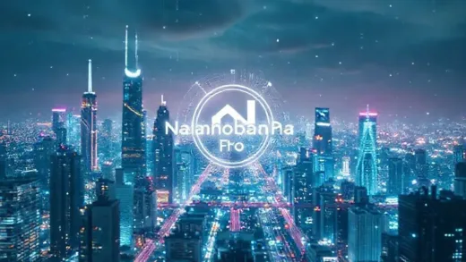 A futuristic cityscape with glowing digital interfaces, representing advanced AI technology and innovation. Focus on a stylized logo for "Nanobana Pro" emerging from the data streams. Dynamic and high-tech feel.