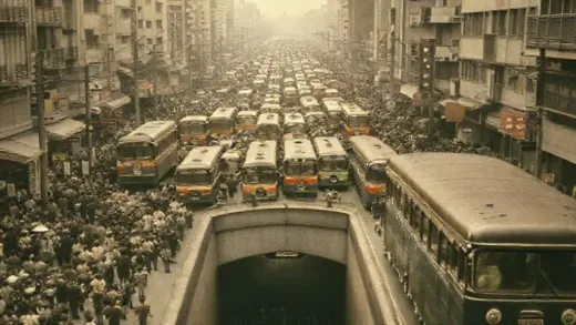 A bustling street in 1960s Seoul, filled with people and old buses, showing severe traffic congestion, with a subtle outline of a subway tunnel beneath, symbolizing the growing need for underground transport. Historical, sepia tone.