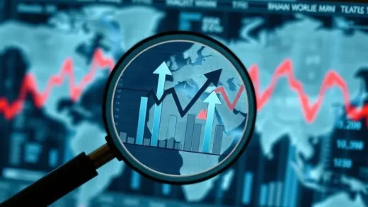 A magnifying glass examining a complex stock market chart with arrows pointing up and down, symbolizing market volatility and opportunity. The background should subtly hint at global economics.