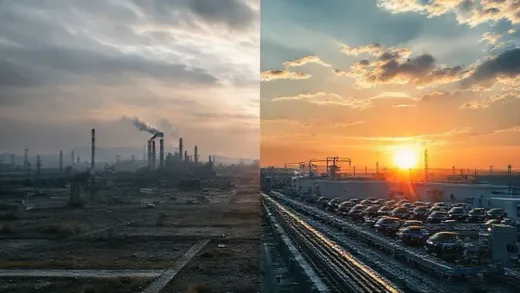 A dramatic contrast image, showing a desolate, grey industrial landscape in 1990s Slovakia next to a vibrant, modern automotive factory with cars on a production line in present-day Slovakia, under a rising sun. Focus on transformation and hope.
