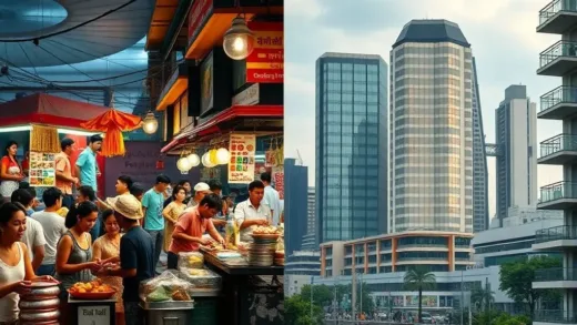 A split image: one side shows a vibrant, bustling Bangkok street food scene with happy tourists and locals, the other side shows a modern, slightly impersonal Bangkok cityscape with some hints of commercialism and less warmth, depicting a sense of disillusionment.