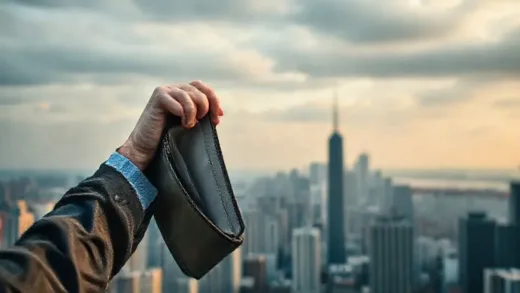A person holding an empty wallet, looking at a city skyline with impossibly tall buildings, feeling frustrated and helpless. The scene should evoke a sense of modern economic struggle and hidden forces at play.