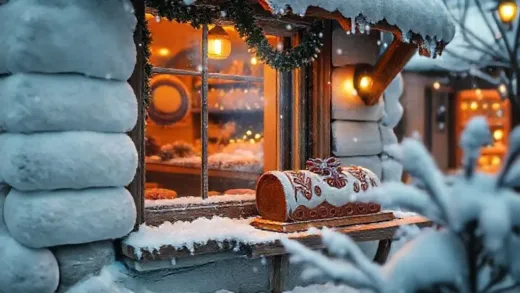 A cozy, snow-covered village in Yangpyeong, with warm light spilling from a small bakery window, a beautifully decorated stollen on a wooden table inside. Soft, warm lighting, winter atmosphere.