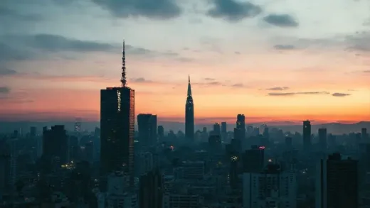 An evocative image of the 1990s Tokyo skyline at dusk, with some financial district buildings subtly showing cracks, symbolizing the impending economic crisis, with a hint of a hidden shadow over a bank building.