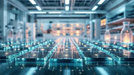 A futuristic laboratory setting with glowing silicon carbide wafers, hinting at innovation and fundamental changes in technology. The atmosphere is clean, bright, and focused on material science.