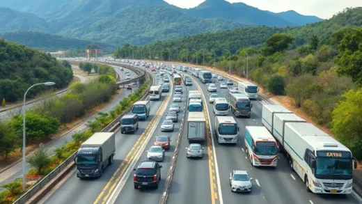 A bustling multi-lane highway in South Korea filled with modern cars, trucks, and buses, surrounded by lush green mountains and forests.